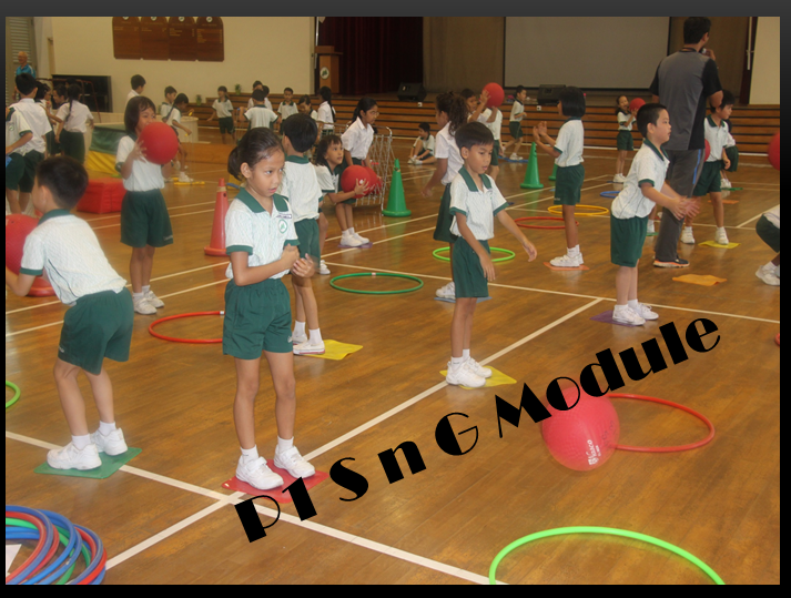 Children in white and green uniforms doing physical education with hoops, cones, and balls on a gymnasium floor.
